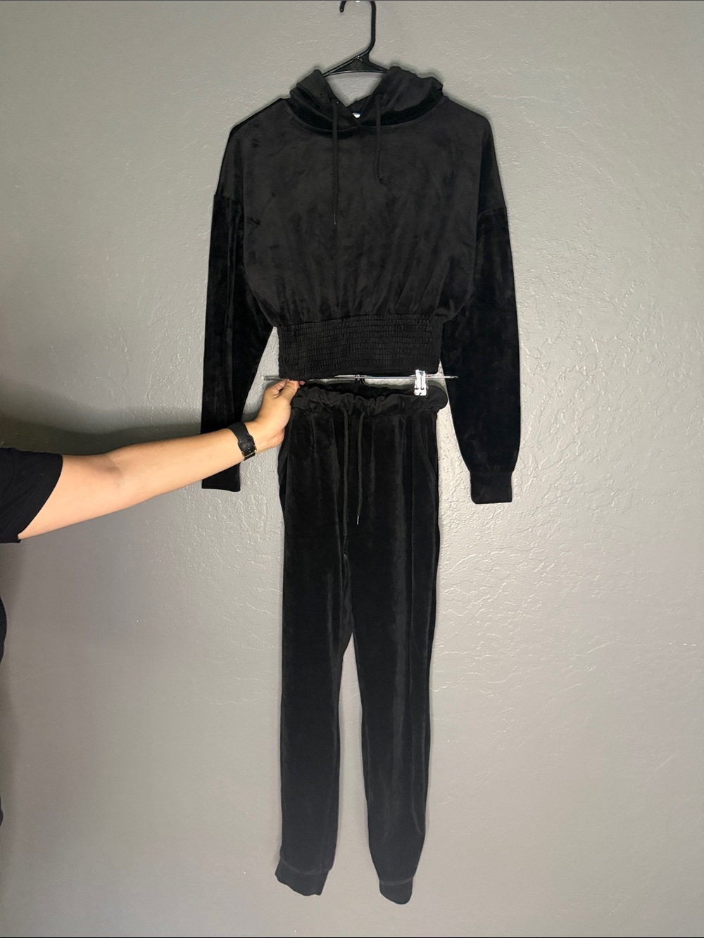 Women's Black Velour Hooded Jogger Set